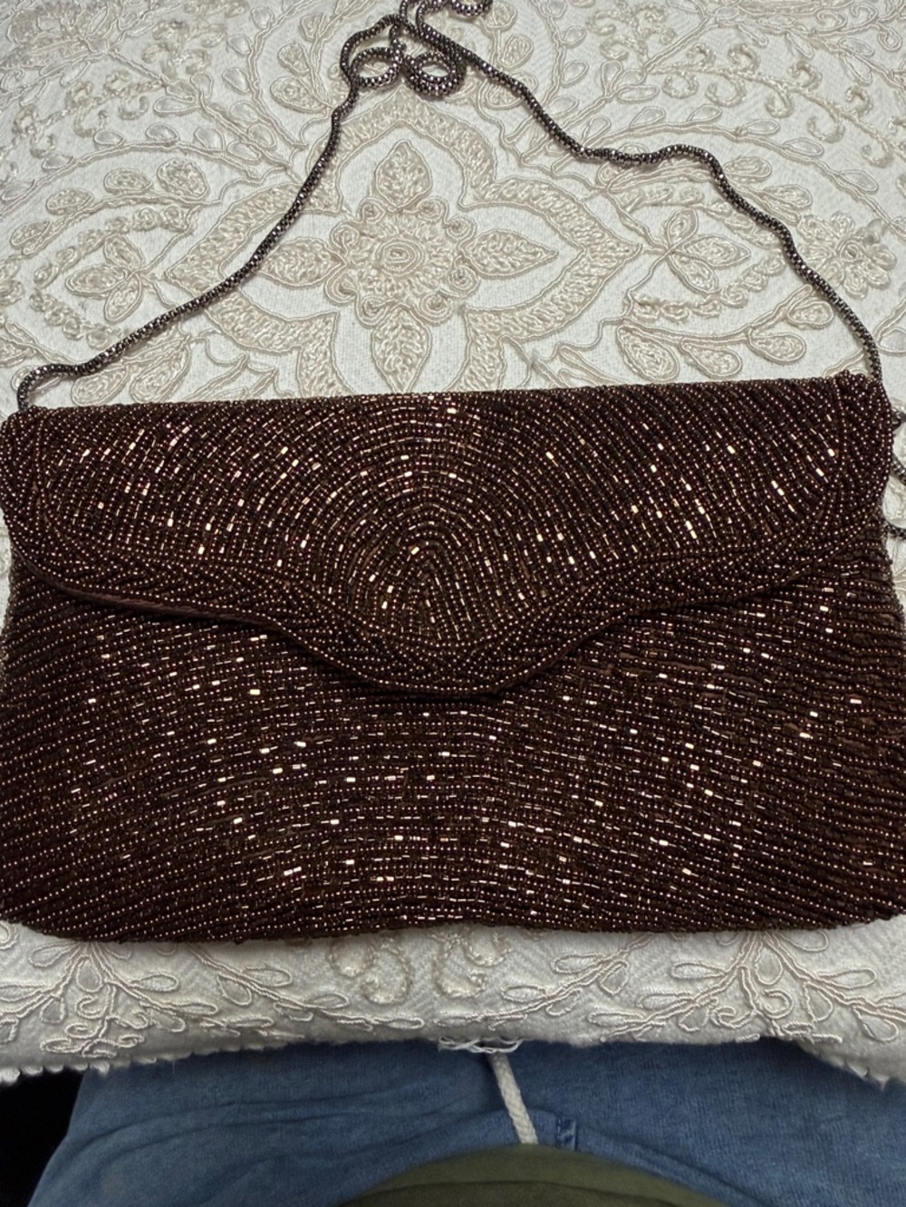 Beaded Evening Clutch in Dark Brown with Chain Strap